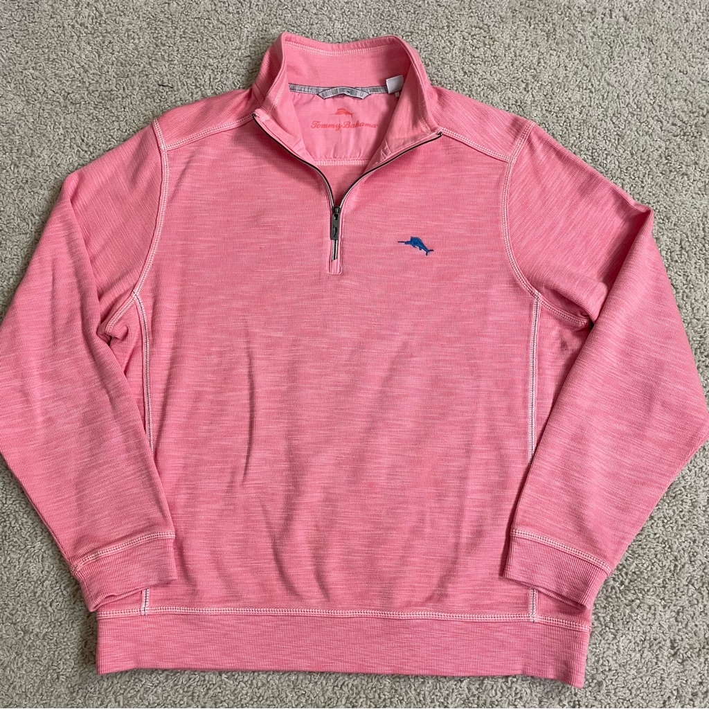 Men's Tommy Bahama Pink Tobago Bay 1/4 Zip Pullover Cotton Sweater Shirt M